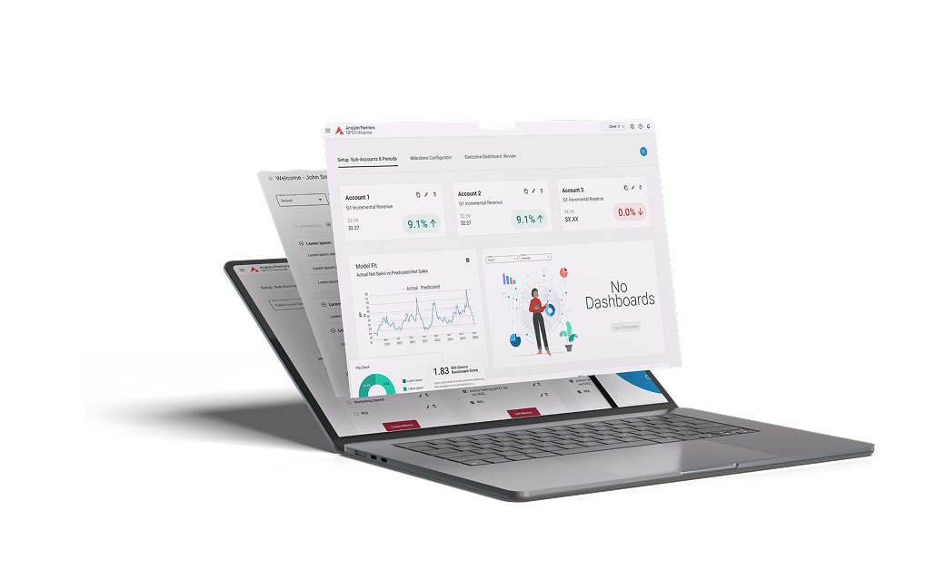 An enterprise analytics dashboard with charts shown on a wide monitor in a bright studio