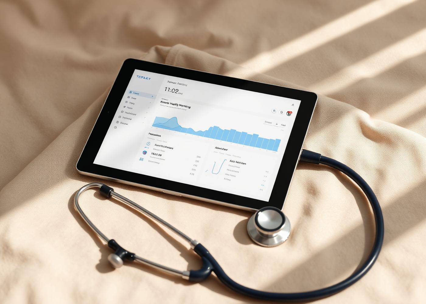 A remote health monitoring dashboard on a tablet beside a stethoscope in soft natural light