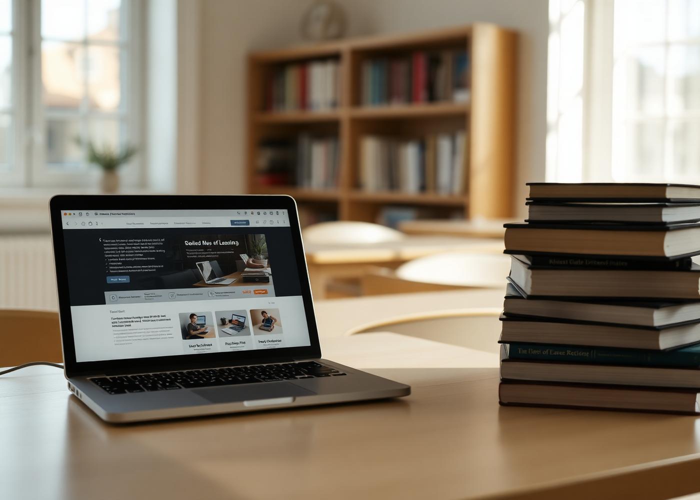 A digital learning interface on a laptop in a bright study beside a stack of textbooks